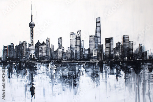 A striking hand drawn image of a city skyline painted with ink on buildings