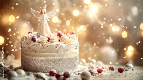 A festive cake adorned with an angel figurine and berries, set against a sparkling background.