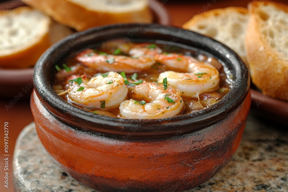 Bubbling shrimp scampi served in a hot clay dish seasoned with garlic and parsley surrounded by toasted bread slices styled with warm lighting and a rustic Mediterranean vibe Bubbling shrimp scampi served in a hot clay dish seasoned with garlic and parsley surrounded by toasted bread slices styled with warm lighting and a rustic Mediterranean vibe