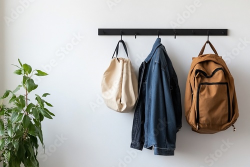 Minimalist wall-mounted coat rack with bags and jacket.