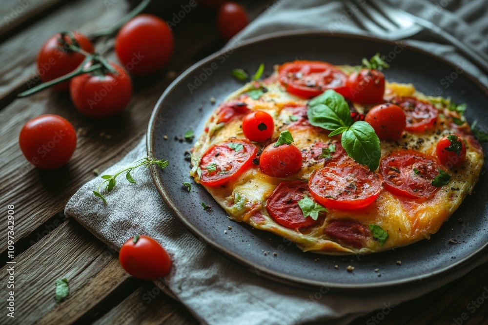 Fresh tomato and basil margherita pizza with a thin crust presented on a dark wooden table surrounded by vine tomatoes fresh basil leaves and olive oil in a vibrant Mediterranean setting Fresh tomato and basil margherita pizza with a thin crust presented on a dark wooden table surrounded by vine tomatoes fresh basil leaves and olive oil in a vibrant Mediterranean setting