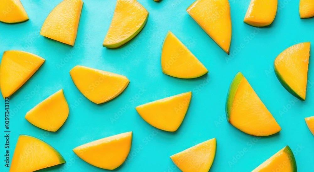 Bright yellow mango slices arranged on a teal background.