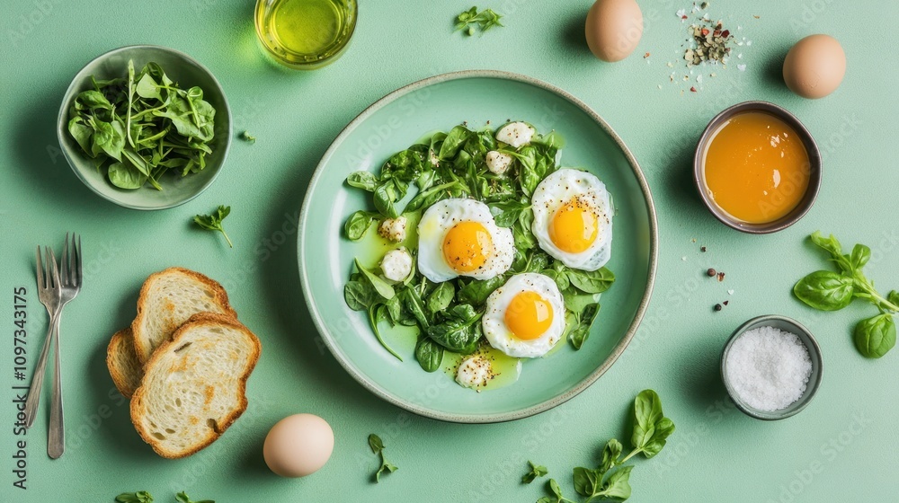 A healthy breakfast featuring fried eggs on spinach, with bread and eggs on a green table. A healthy breakfast featuring fried eggs on spinach, with bread and eggs on a green table.