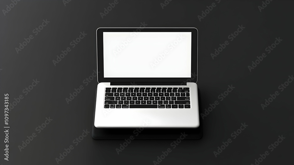 Top view of a laptop computer with a blank screen on a dark surface. Top view of a laptop computer with a blank screen on a dark surface.
