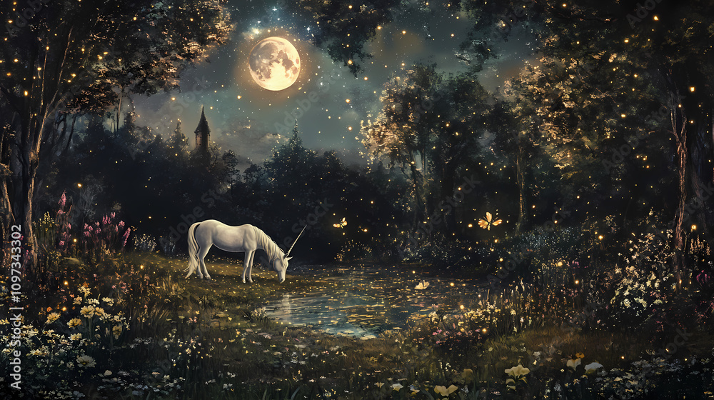 Fototapeta premium An enchanted glade where unicorns graze and fairies dance in the moonlight. Enchanted Firefly Night. Illustration