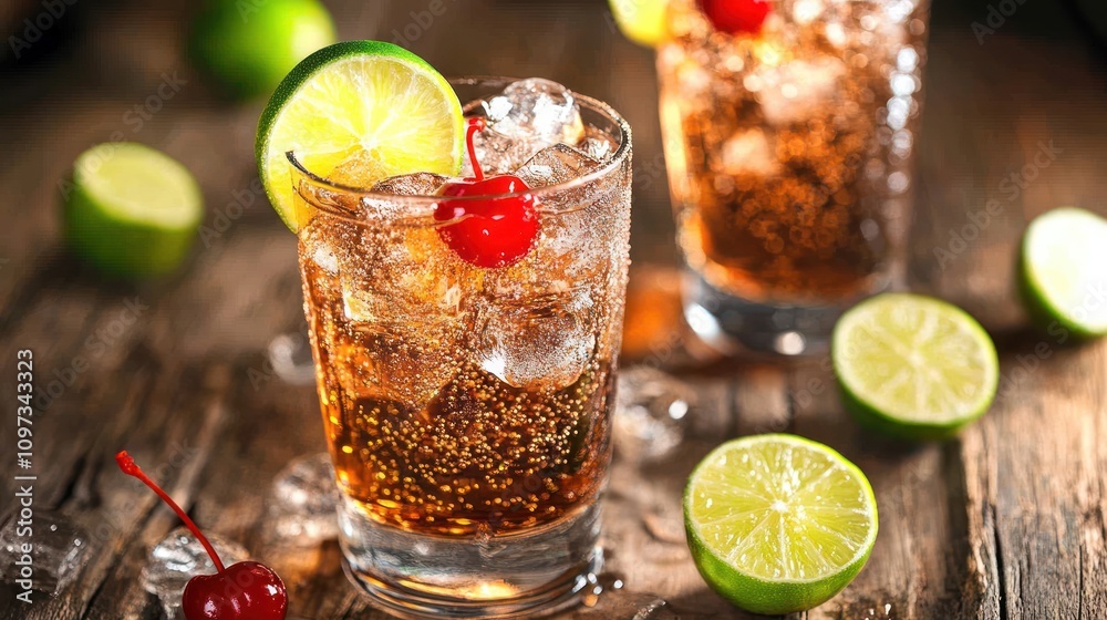 Refreshing drinks with ice, lime, and cherries on a rustic wooden table.
