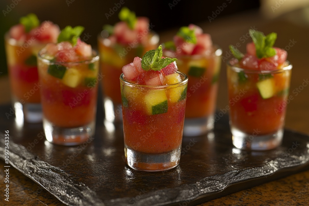 Vibrant gazpacho shots layered with diced vegetables and garnished with fresh parsley served in small glasses styled on a slate tray in a contemporary dining setting Vibrant gazpacho shots layered with diced vegetables and garnished with fresh parsley served in small glasses styled on a slate tray in a contemporary dining setting