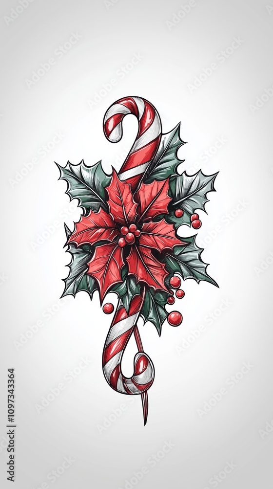 Fototapeta premium Chrome Holly & Candy Canes Sketch on White