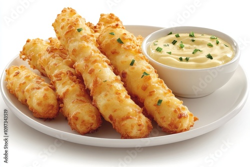 Crispy beer battered fish sticks served with a creamy tartar dipping sauce on a white plate styled in a clean modern dining setting with bright natural lighting