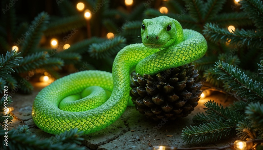 Green snake on a Cristmas tree. Green snake-Symbol of 2025 year. Green snake on a Cristmas tree. Green snake-Symbol of 2025 year.