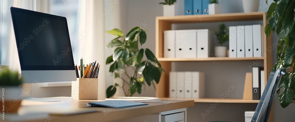 Modern home office workspace with computer, plants, and organized shelves. Modern home office workspace with computer, plants, and organized shelves.