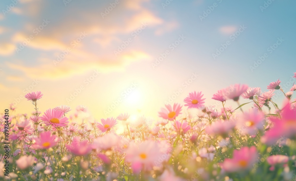 Obraz premium A serene field of pink flowers illuminated by a warm sunrise.