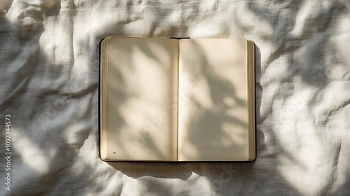 Open Notebook With Leaf Shadows On Fabric photo