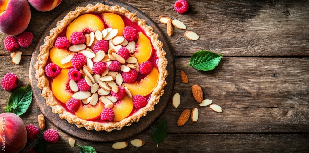 A delicious fruit tart topped with peaches, raspberries, and almonds on a wooden table. A delicious fruit tart topped with peaches, raspberries, and almonds on a wooden table.