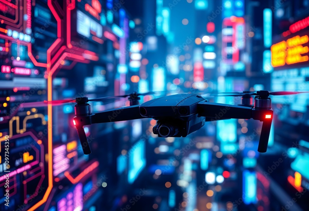 a drone flying against a futuristic high tech neon light background a drone flying against a futuristic high tech neon light background