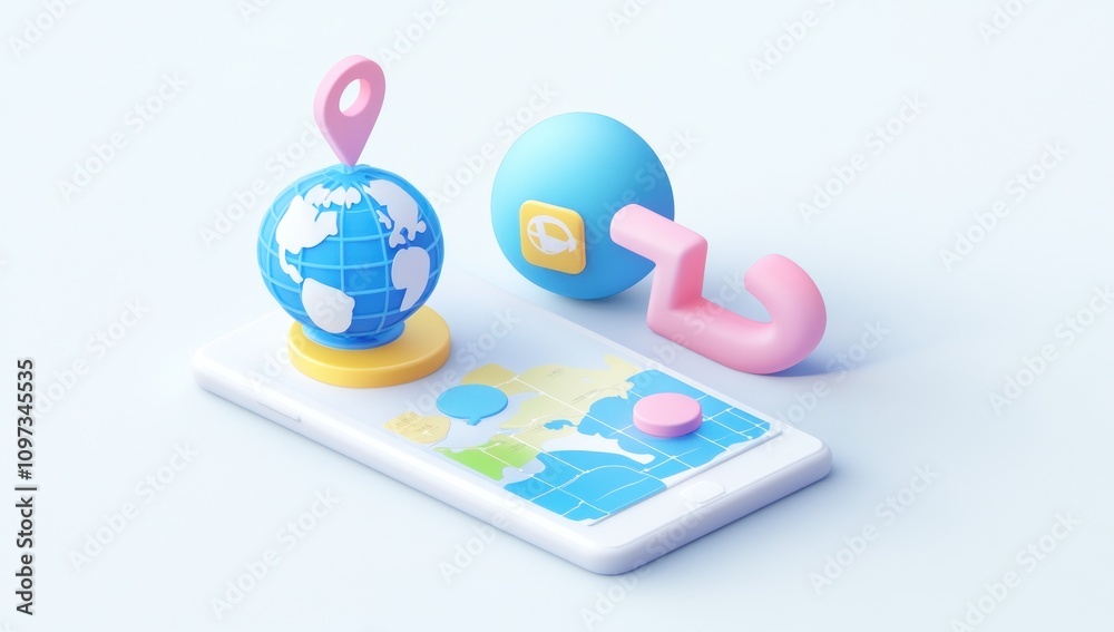 3D illustration of a smartphone with a globe and location marker, symbolizing navigation. 3D illustration of a smartphone with a globe and location marker, symbolizing navigation.