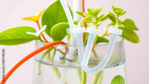 Self watering system. Drip irrigation system made of silicone tubing for indoor plants in case of long weekends or holidays. Houseplant suck up water through tubes submerged in vase of water closeup photo