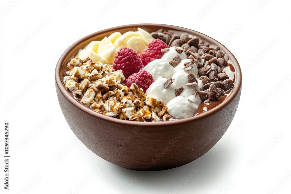A bowl of yogurt topped with bananas, raspberries, granola, and chocolate chips. A bowl of yogurt topped with bananas, raspberries, granola, and chocolate chips.