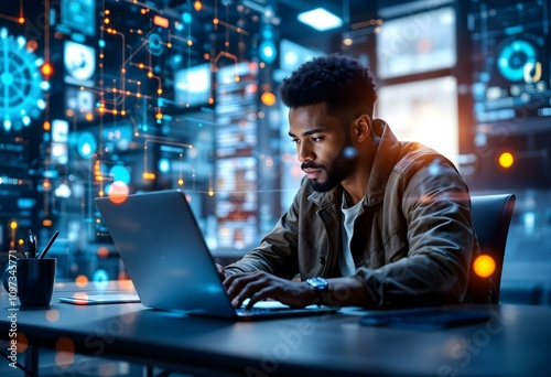 african american man working on a laptop - cybersecurity or it concept