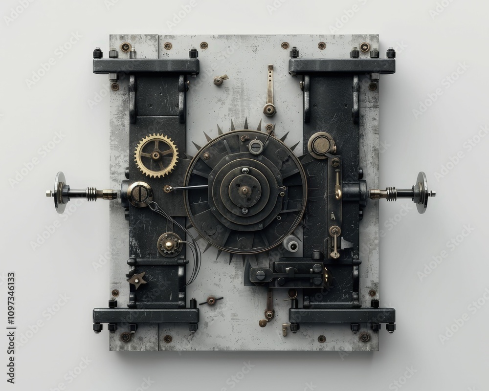 A detailed mechanical assembly featuring gears and components, showcasing intricate design and vintage craftsmanship. A detailed mechanical assembly featuring gears and components, showcasing intricate design and vintage craftsmanship.