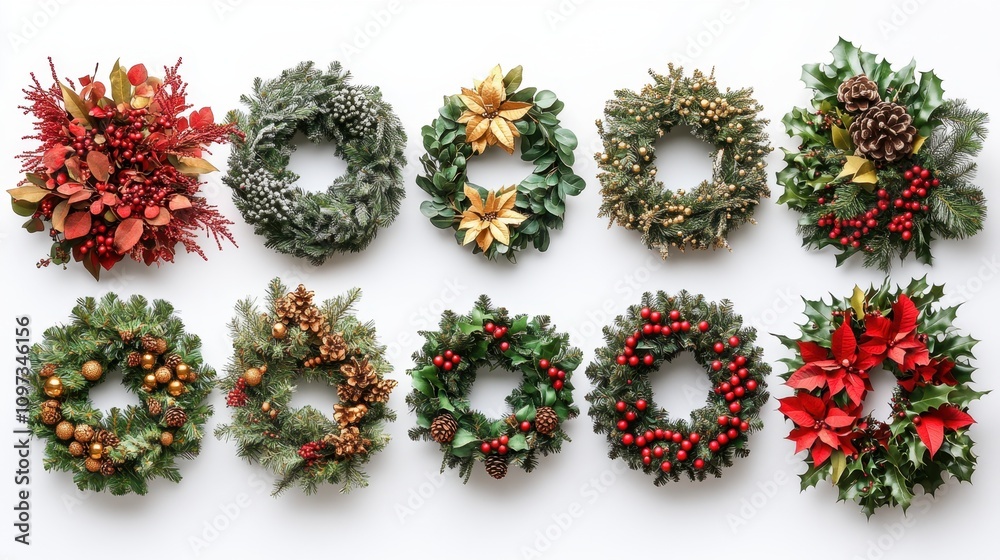 A set of various popular Christmas item including Christmas wreaths, golden stars, and holiday cards positioned individually with sharp, clear edges, making them ideal for design and creative A set of various popular Christmas item including Christmas wreaths, golden stars, and holiday cards positioned individually with sharp, clear edges, making them ideal for design and creative