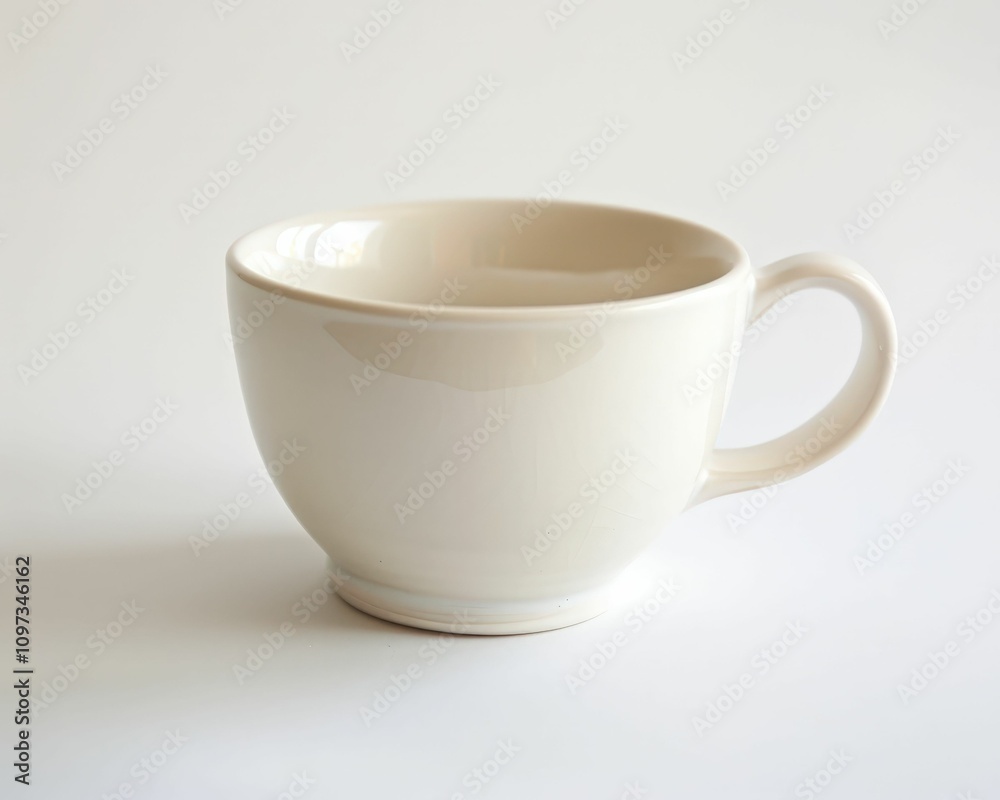 A simple, elegant white ceramic cup with a smooth surface and a comfortable handle, perfect for beverages. A simple, elegant white ceramic cup with a smooth surface and a comfortable handle, perfect for beverages.