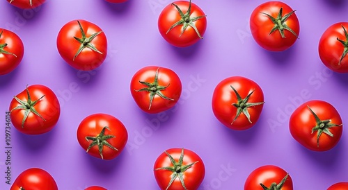 A vibrant arrangement of fresh red tomatoes on a purple background.