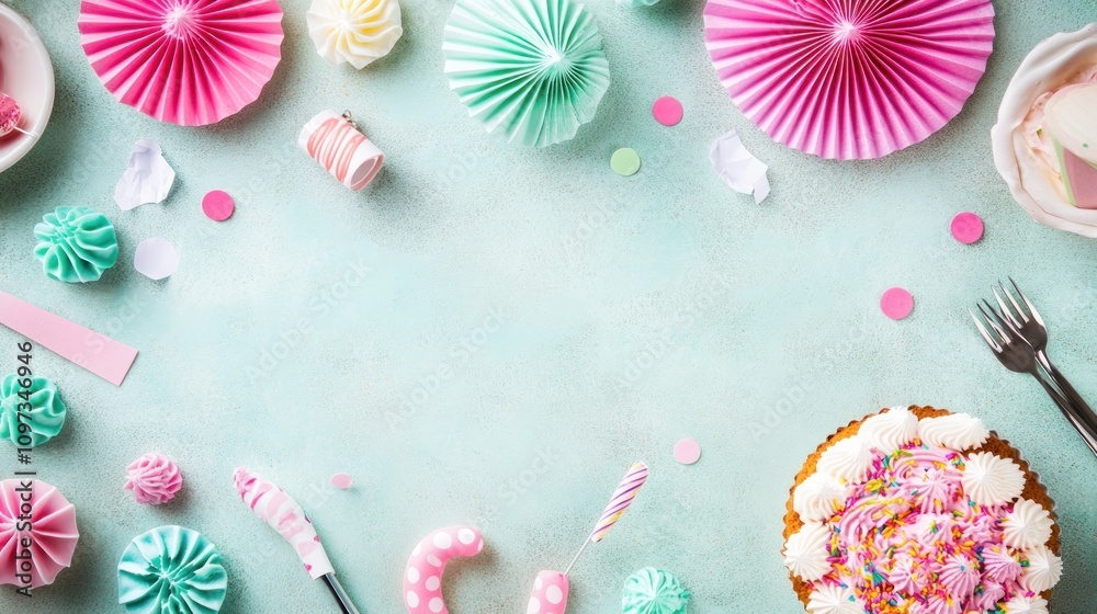 A festive table setting with colorful desserts and decorations for a celebration. A festive table setting with colorful desserts and decorations for a celebration.