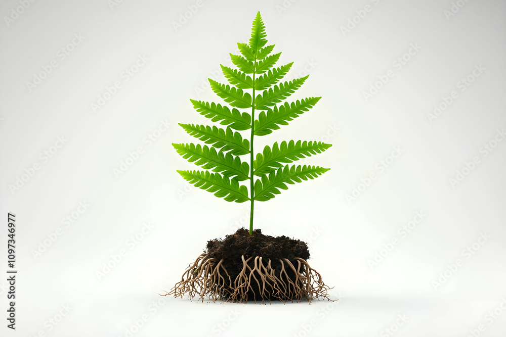 Naklejka premium Fresh Green Fern Plant with Vibrant Leaves and Exposed Roots Against a Minimalist Background for Eco-Friendly Themes and Nature Illustrations