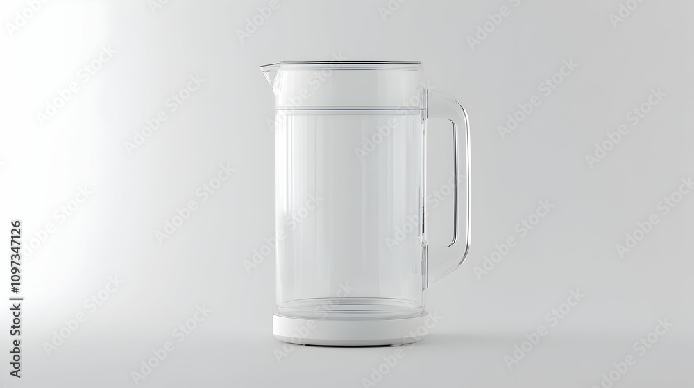 Transparent water pitcher with a white base and handle, isolated on white background. Transparent water pitcher with a white base and handle, isolated on white background.