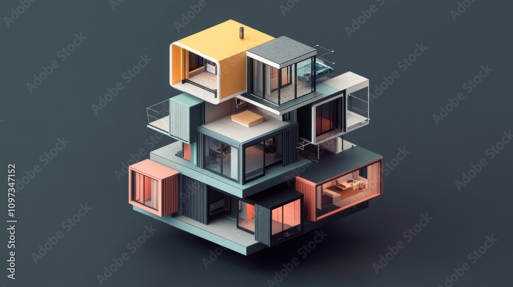 Obraz premium Abstract modular house design, colorful cubes interconnected, showcasing modern architecture and interior spaces.