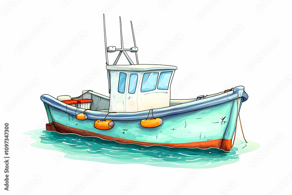 Colorful Illustrative Fishing Boat on Calm Water with Bright Accents and Gentle Ripples, Perfect for Marine Themes in Art and Design Projects Colorful Illustrative Fishing Boat on Calm Water with Bright Accents and Gentle Ripples, Perfect for Marine Themes in Art and Design Projects
