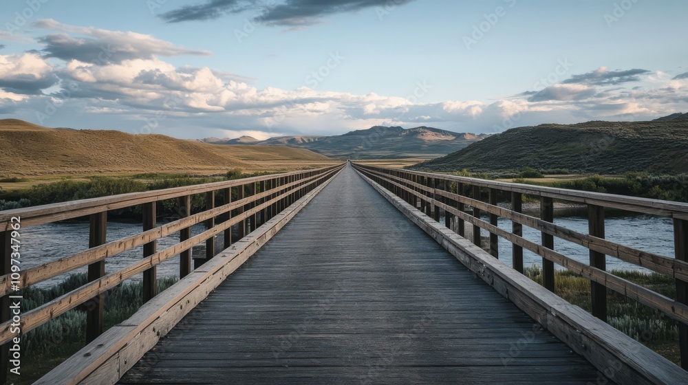 Wooden bridge extending to distant mountains under a partly cloudy sky. Wooden bridge extending to distant mountains under a partly cloudy sky.