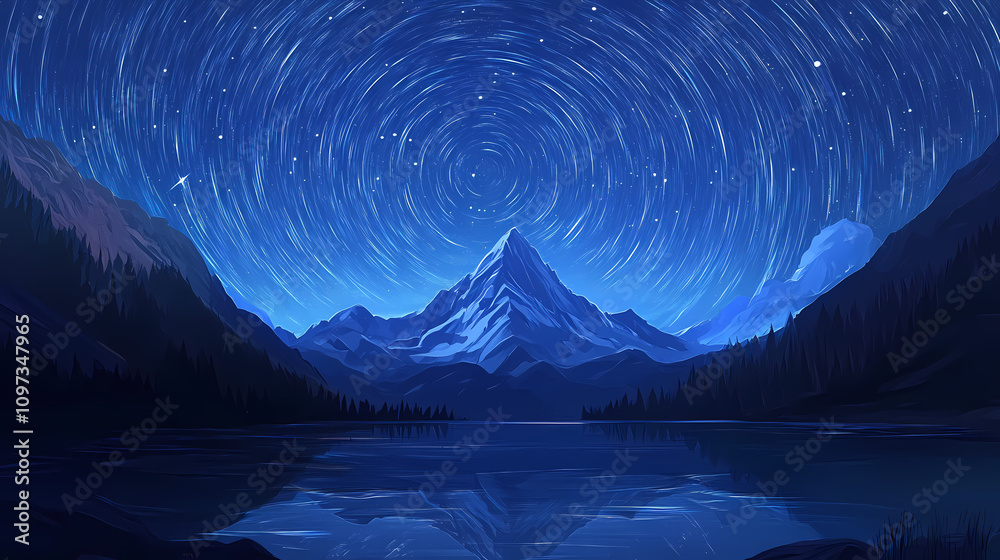 Fototapeta premium Star trails over mountain lake at night. Majestic Aurora Trail. Illustration