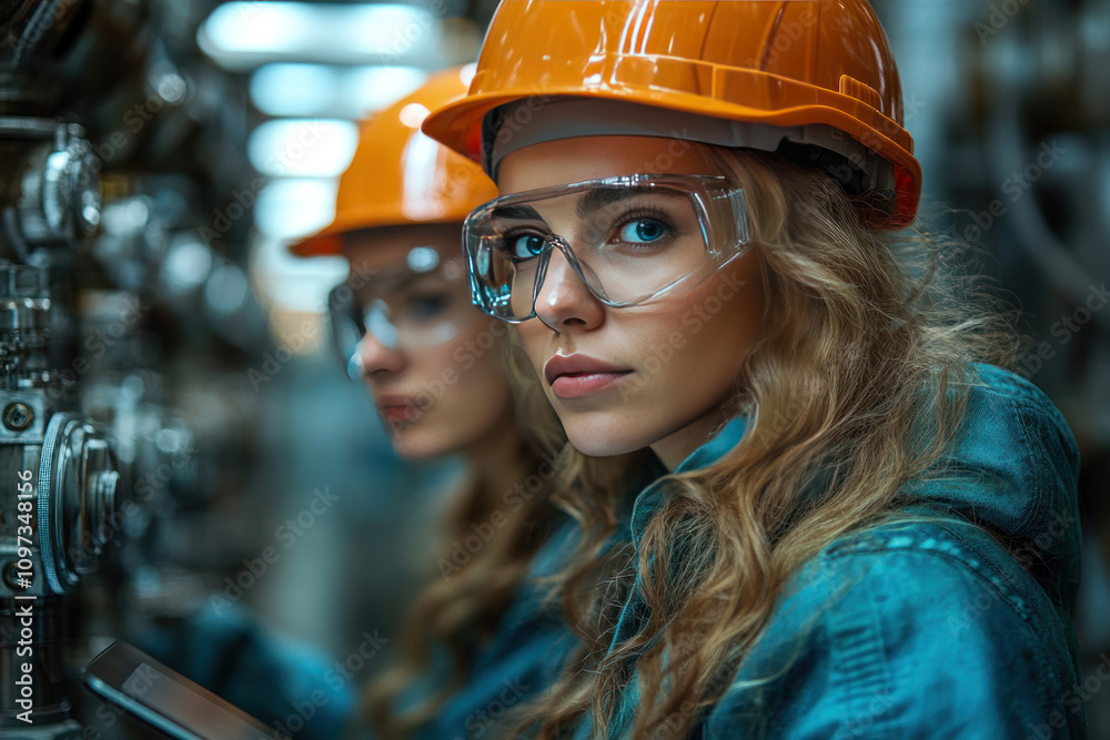 young female engineer in a safety helmet and glasses at an industrial facility. young female engineer in a safety helmet and glasses at an industrial facility.