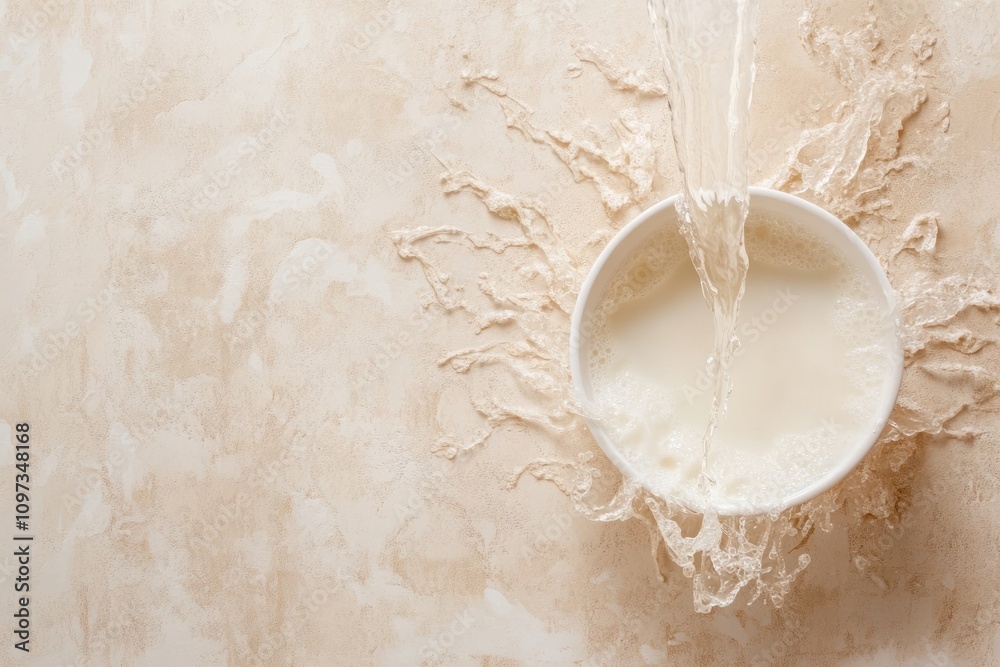 A bowl of milk being poured, creating splashes on a textured surface. A bowl of milk being poured, creating splashes on a textured surface.