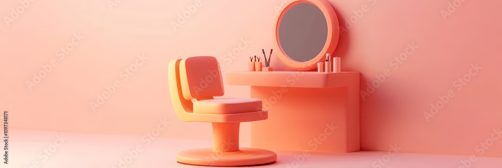 A minimalist beauty salon setup featuring a chair and vanity mirror in soft peach tones. A minimalist beauty salon setup featuring a chair and vanity mirror in soft peach tones.