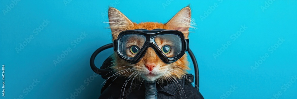 A cat wearing diving goggles and a wetsuit against a blue background. A cat wearing diving goggles and a wetsuit against a blue background.