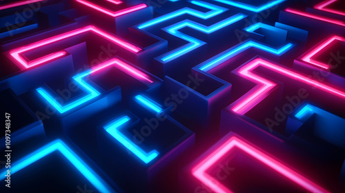 Abstract 3d maze with neon lights highlighting the pathways, representing complexity, challenge, and futuristic design. Neon Circuit Maze. Illustration