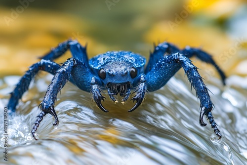 Electric blue jumping spider poised on a water surface with fine leg details and reflective highlights creating a striking contrast with the soft natural backdrop photo