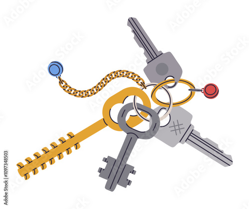 Apartment or house keys. Cartoon bunch of keys with cute keychain flat vector illustration. Private property locking keys