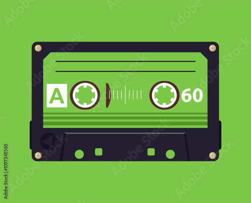 Audio tape poster. Cartoon retro music cassette backdrop, pop music album tape design flat vector background illustration. Old school music audio tape