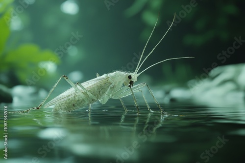 Close up of a freshwater shrimp standing on reflective water surrounded by lush green foliage and soft ambient lighting in a serene aquatic habitat photo