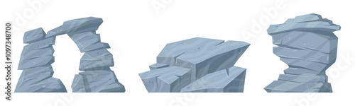 Cartoon rock stones. Granite rocks, heavy gray stones, layered rocks flat vector illustration set. Mountain rocks collection
