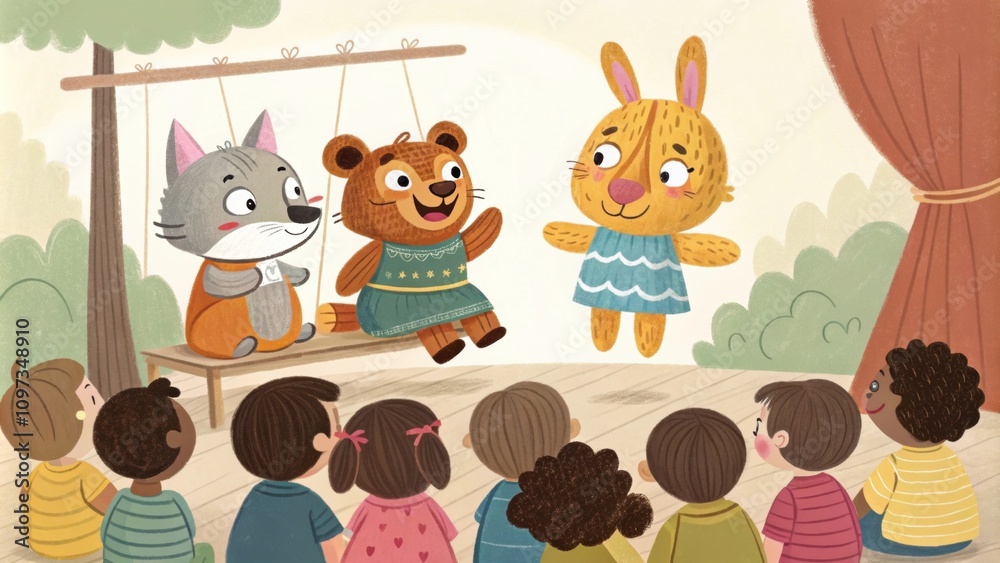 Naklejka premium A captivating puppet show featuring handmade animal puppets with a crowd of delighted children watching intently.
