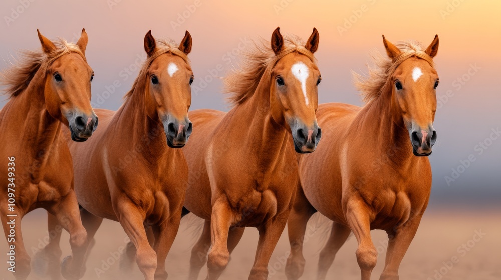 Horses in Motion: A majestic quartet of chestnut horses gallops across a sun-drenched field, their manes flowing in the wind. Horses in Motion: A majestic quartet of chestnut horses gallops across a sun-drenched field, their manes flowing in the wind.