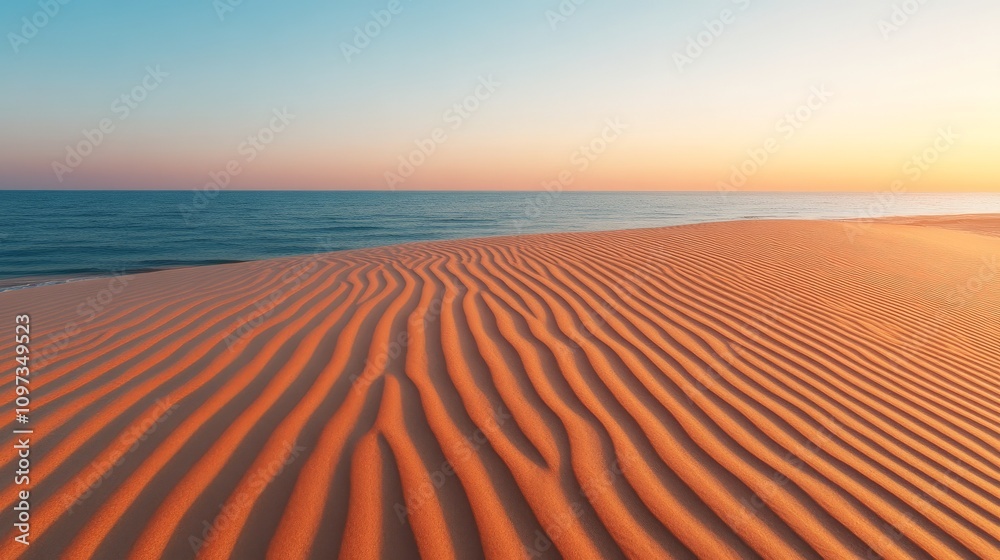 Naklejka premium Sunset Sandscapes: A mesmerizing view of a vast desert expanse, with sculpted sand dunes stretching towards a serene ocean horizon as the sun paints the sky in vibrant hues of orange and blue.