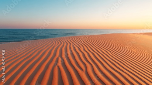 Sunset Sandscapes:  A mesmerizing view of a vast desert expanse, with sculpted sand dunes stretching towards a serene ocean horizon as the sun paints the sky in vibrant hues of orange and blue. photo