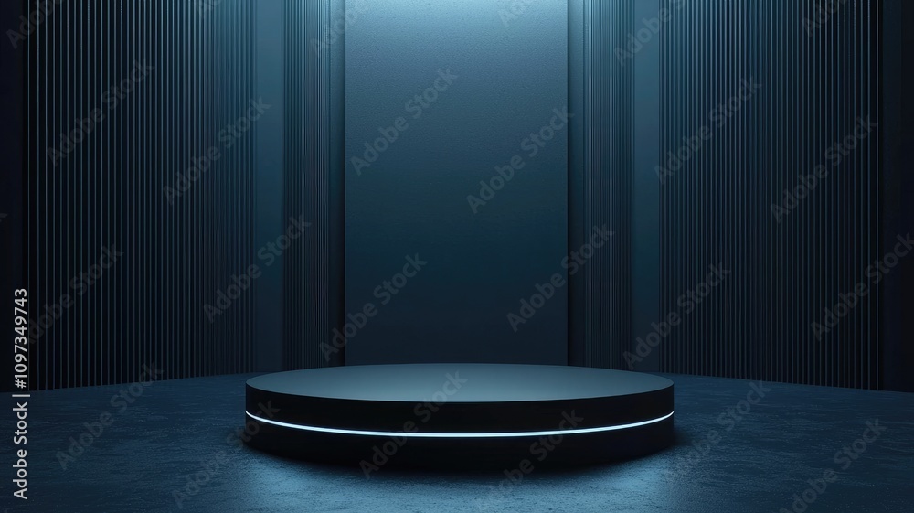 A Circular Platform Illuminated by a Neon Light in a Dark Room with Vertical Stripes