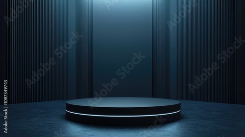 A Circular Platform Illuminated by a Neon Light in a Dark Room with Vertical Stripes